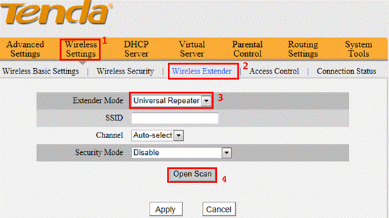 说明: http://www.tendacn.com/UserFiles/WordToHtml/Function configurations/W3000R-How to expand the wireless network by the Universal Repeator Mode.files/image003.gif